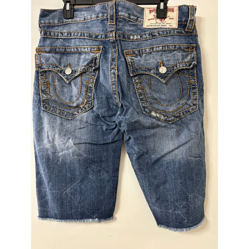 True Religion Mens 34 Denim Jeans Shorts Raw Cut Off Hem Flap Pocket Blue Jorts